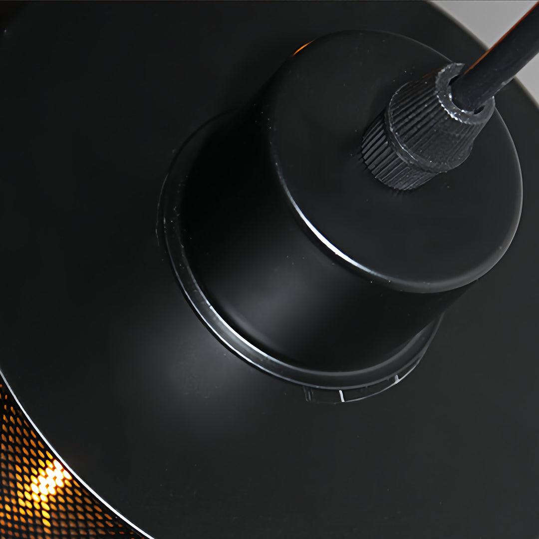 Detailed view of the matte black canopy and adjustable cord grip on the retro industrial pendant lights fixture.