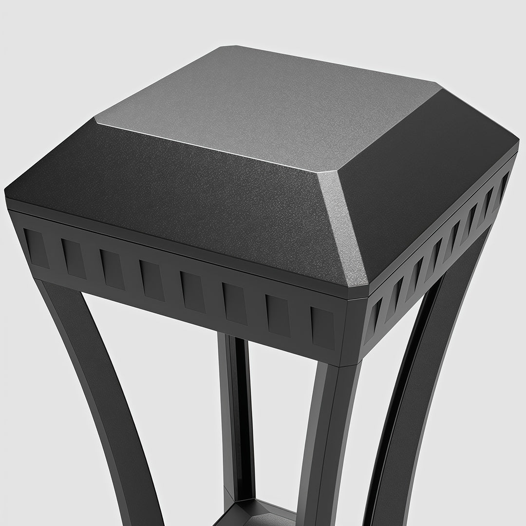 Detailed view of the top of a modern bollard light, showcasing the design and light diffusion.