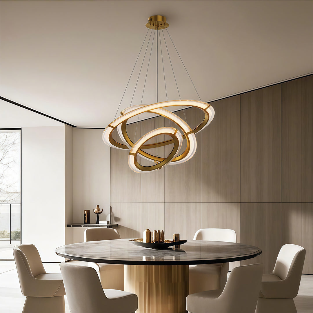 Detailed view of a modern round chandelier showcasing its dual circular rings and sleek design.