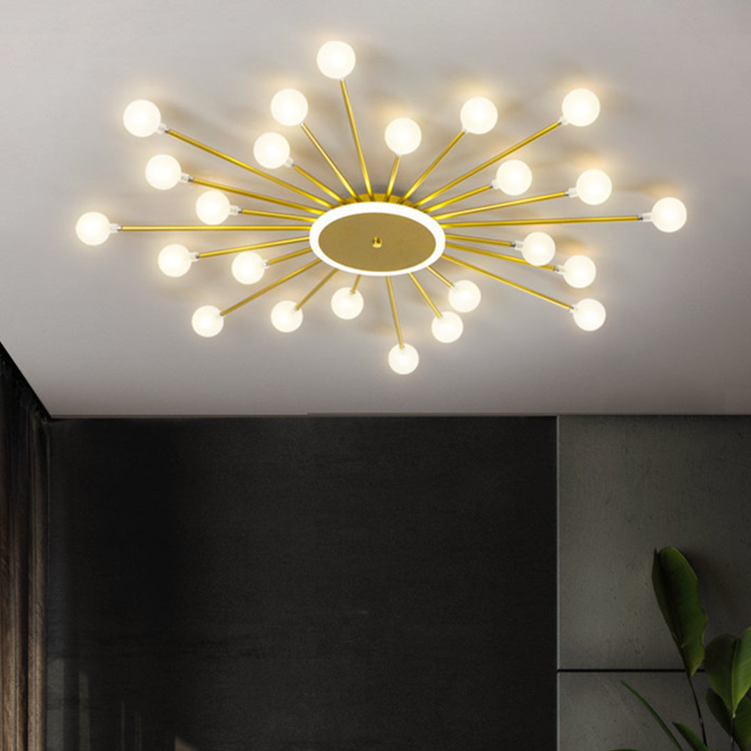 Starburst ceiling light with globe bulbs creating warm ambient lighting in modern hallway