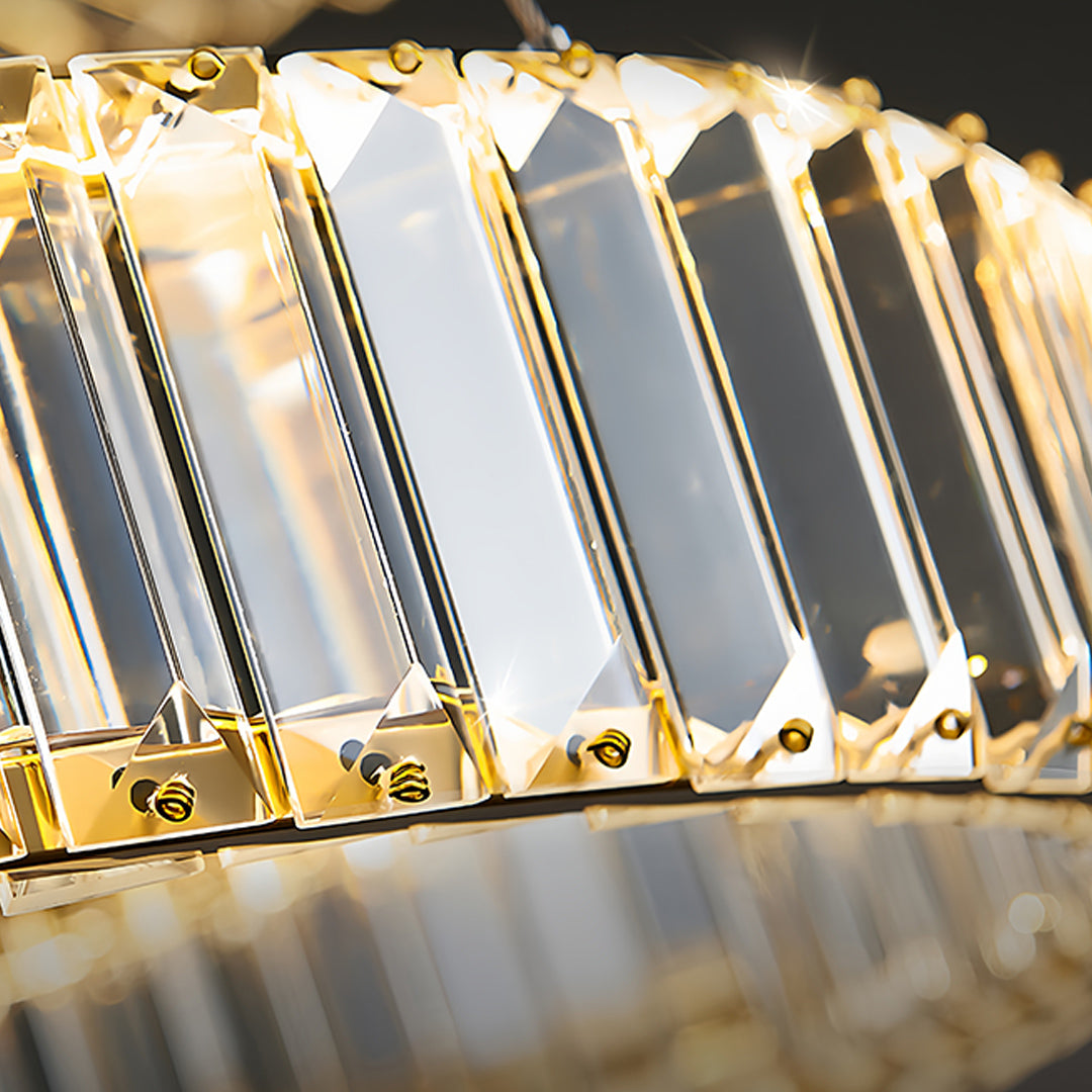 Detailed view of crystal elements in gold crystal chandelier showcasing premium craftsmanship quality