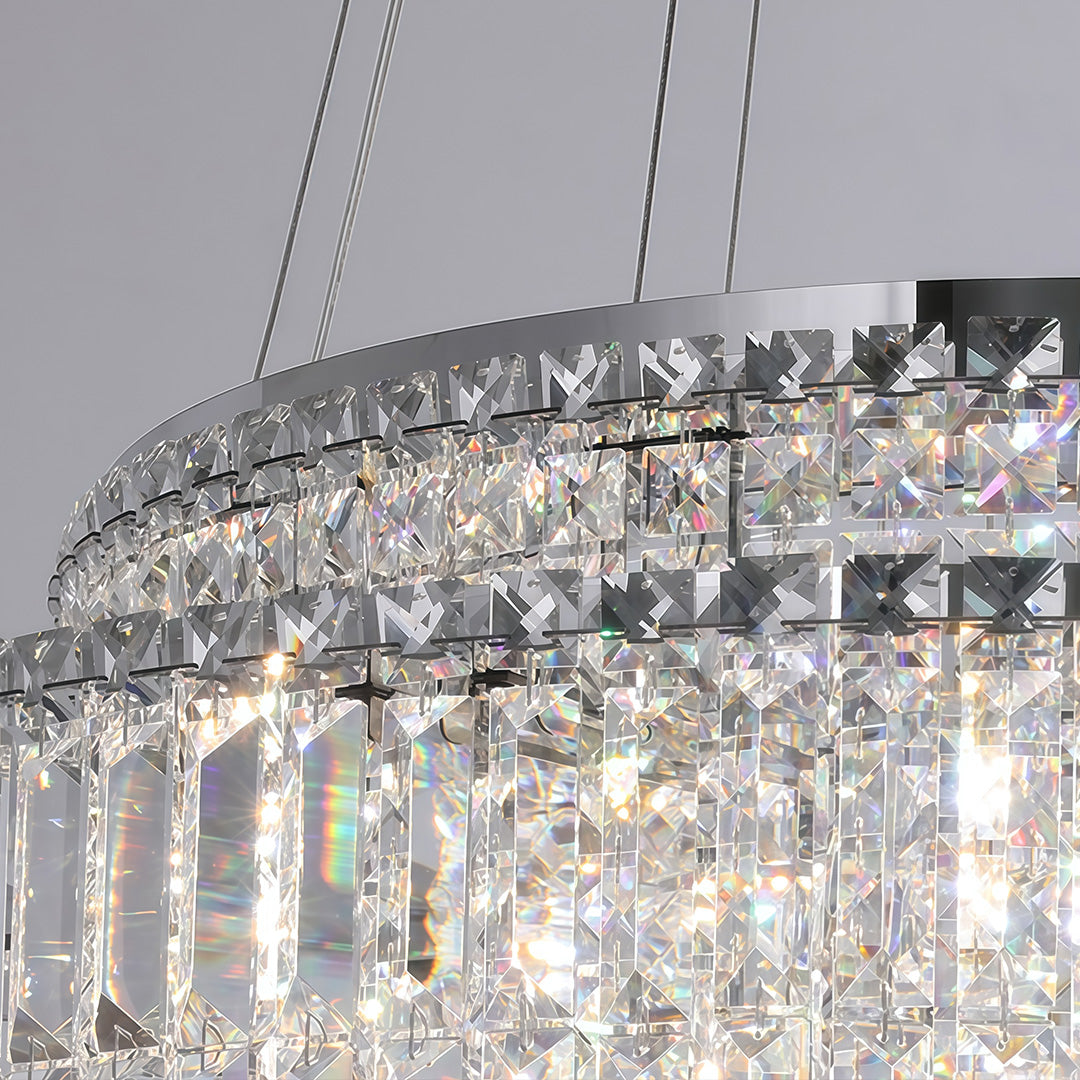 Detailed view of round chandelier with crystals showing cascading tiers with faceted crystal beads.