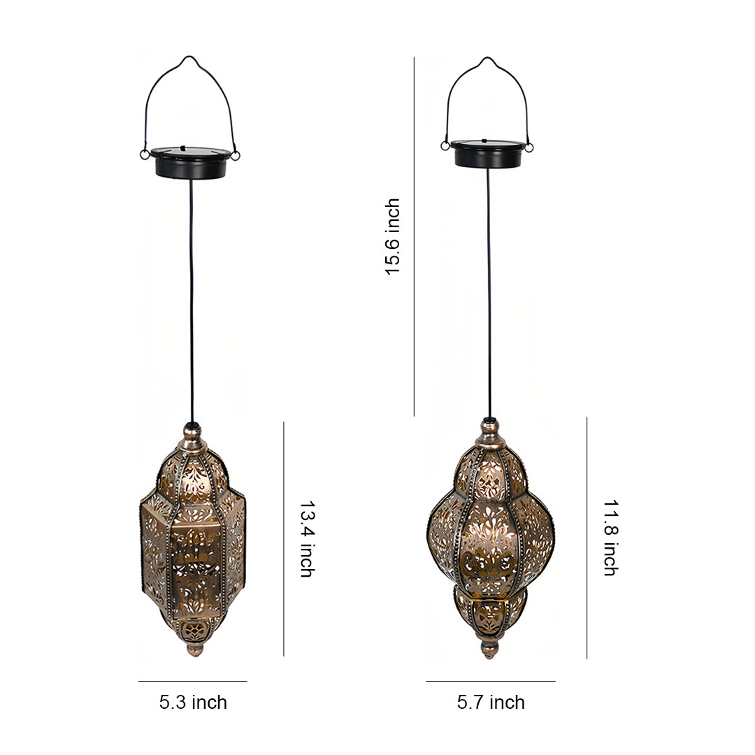 Detailed specifications for various styles of outdoor moroccan lanterns, including height and width dimensions for both cylindrical and teardrop designs.