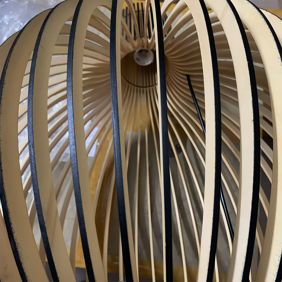 Detailed texture of wooden bird cage pendant light, intricate slat design and craftsmanship