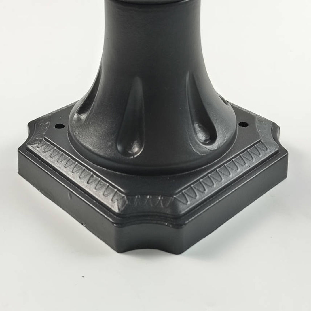 Detailed view of a black globe pillar light base showing screw holes and decorative patterns ok.