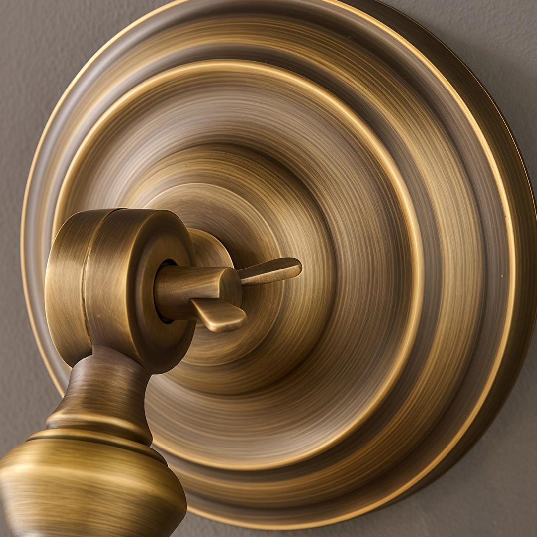 Detailed view of LED wall light lamp featuring glass shade chandelier design highlighting circular brass backplate and mounting detail.