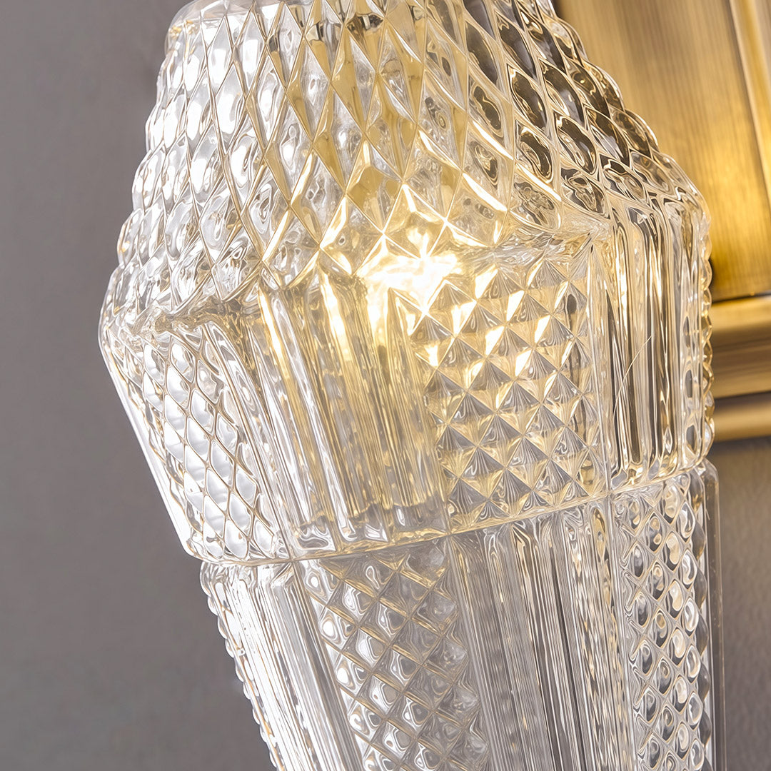 Detailed view of LED wall sconce lights featuring glass shade chandelier design highlighting faceted crystal glass shade texture.
