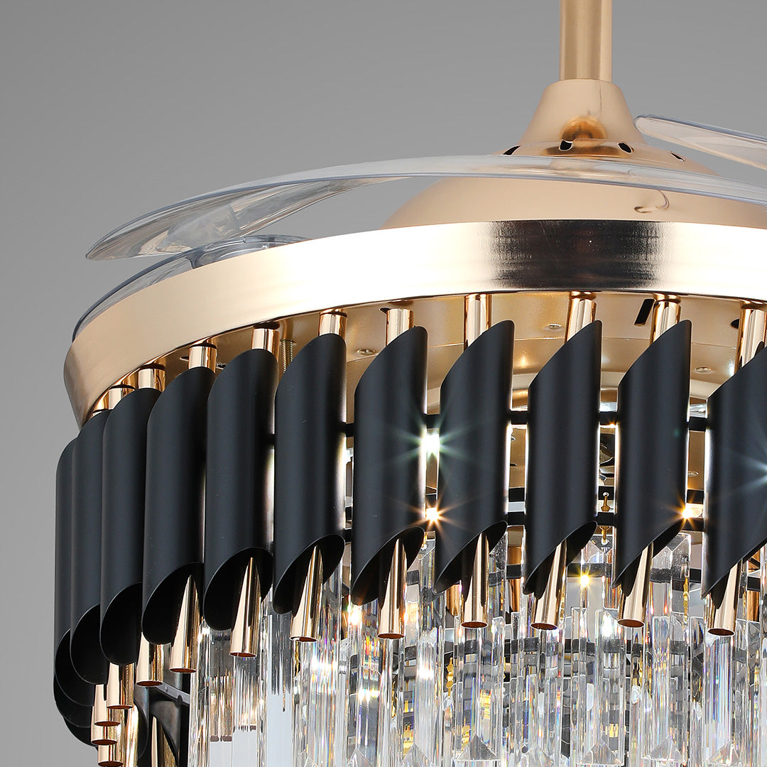 Detailed view of the polished gold hardware and segmented black trim on the black ceiling fans with light 