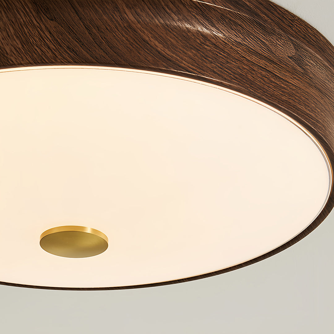 Detailed view of vintage art deco flush mount ceiling light center, elegant gold accent