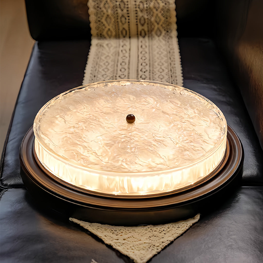Close-up view of wood flush mount ceiling light showing detailed craftsmanship and finish quality