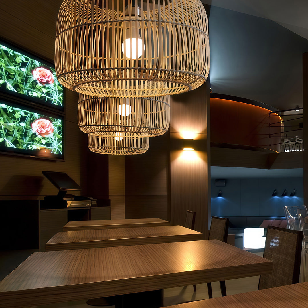 Detailed view of a woven pendant light with natural fibers, illuminating a modern interior space.