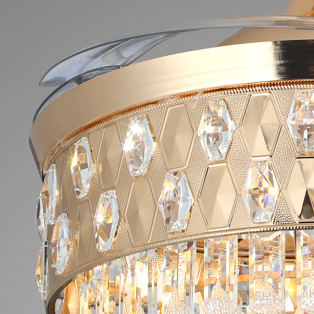 Detailed view of the diamond pattern housing on ceiling fans with crystal lights fixture 
