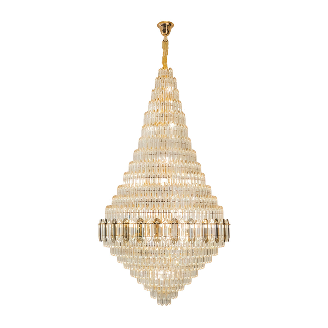Diamond-shaped large gold chandelier with cascading crystal tiers and ornate gold metalwork on white.