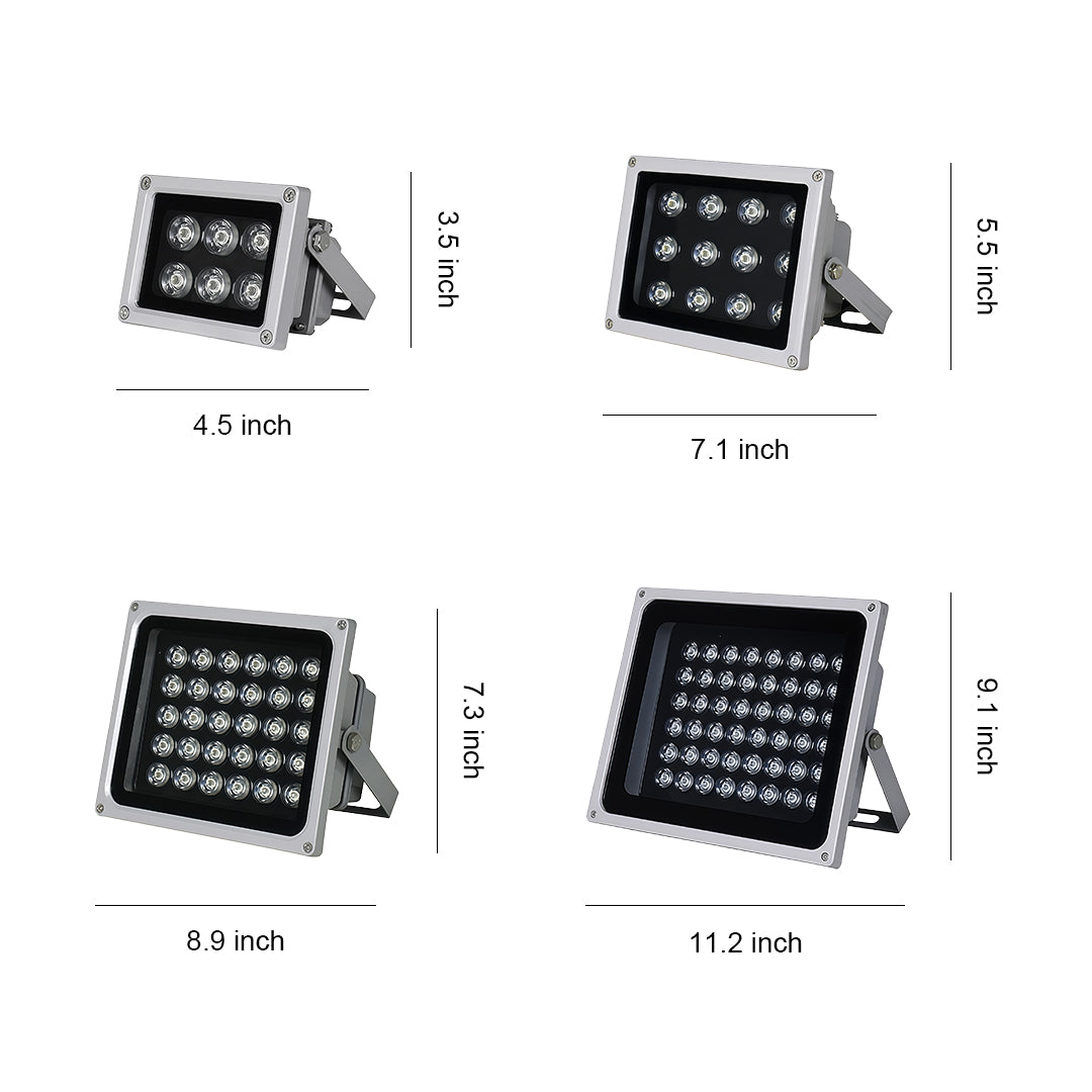 Dimension chart comparing four different sizes of the LED Architectural Flood Lights series.