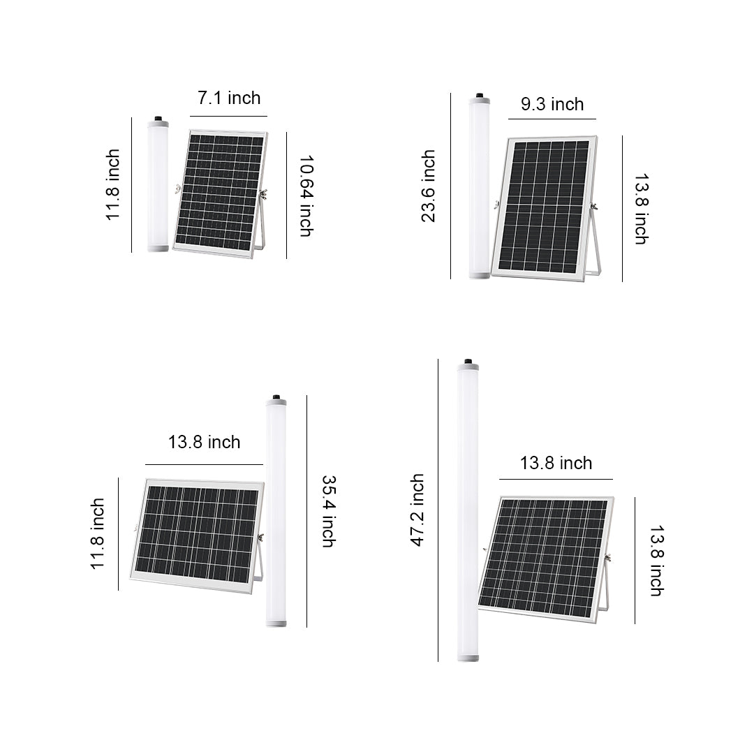 Dimension chart for the outdoor wall lighting modern series, showing four different light lengths and corresponding solar panel sizes.