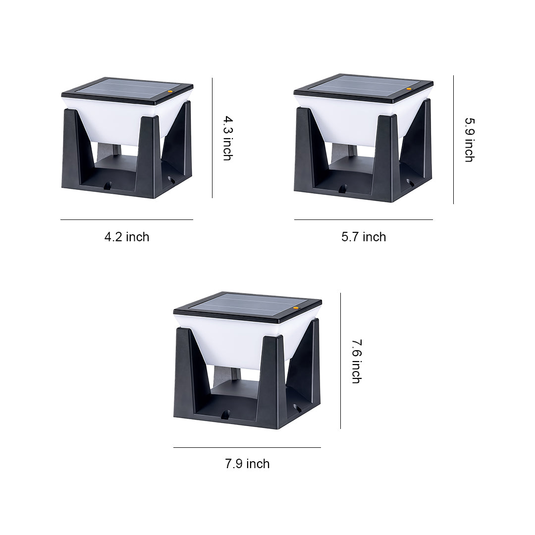 Dimension chart for the solar bollard light, showing three available sizes: 4.5, 5.5, and 7.1 inches high.