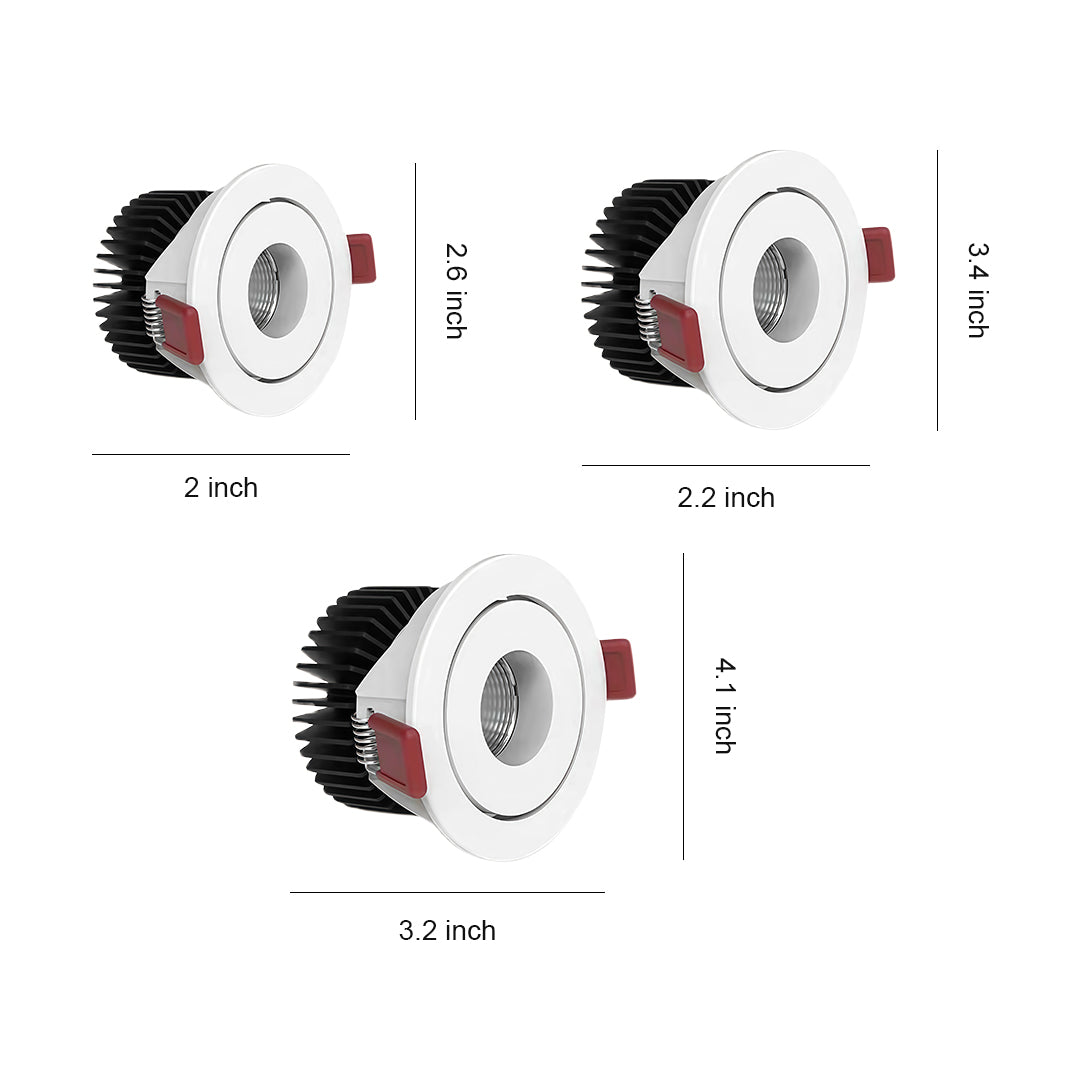 Dimension chart showing three different sizes for the modern spotlights series, ranging from 2.6 to 4.1 inches.