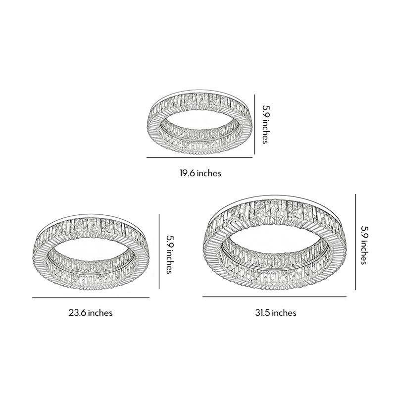 Dimension guide and schematic line drawings for the ring-shaped modern crystal ceiling light showing various available sizes.