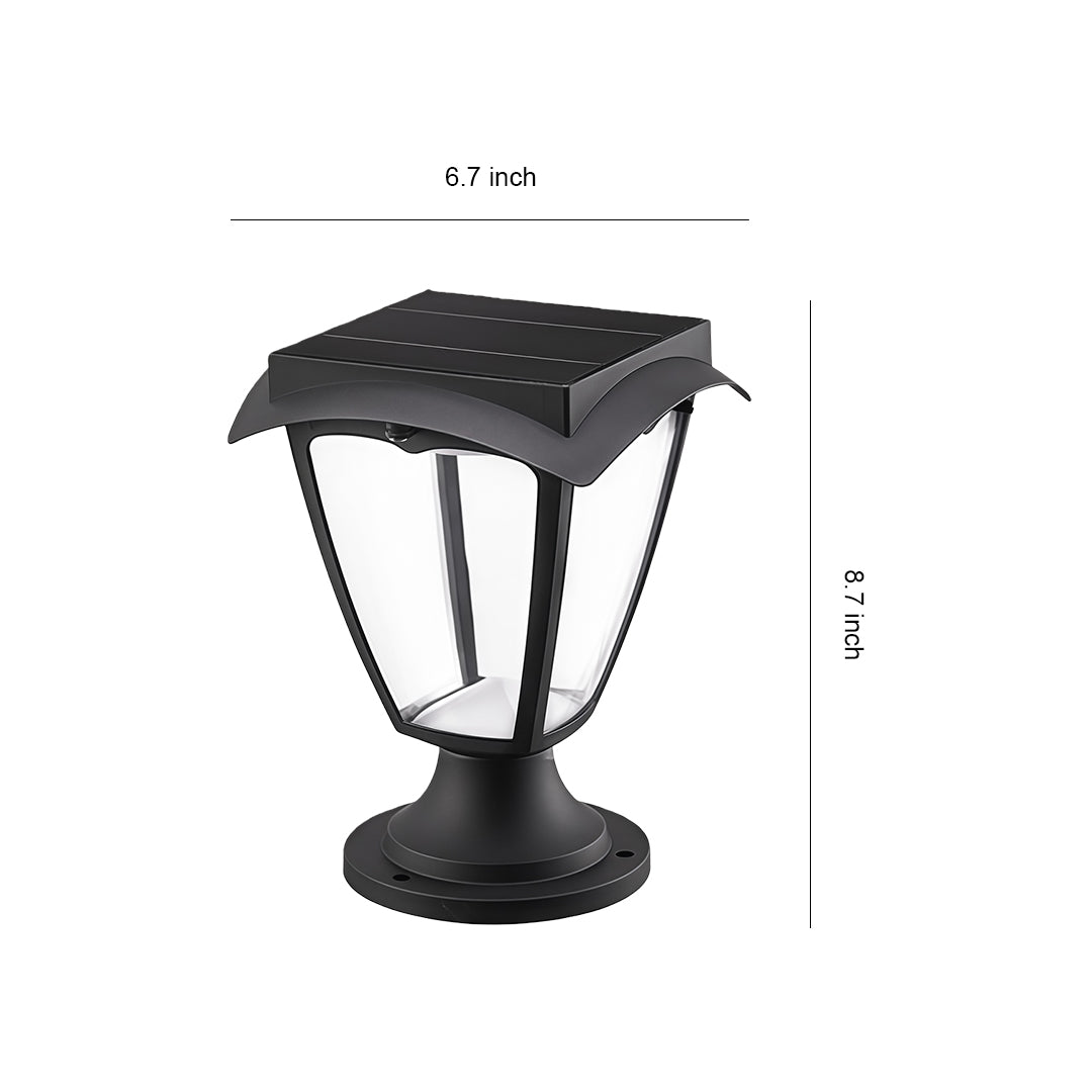 Dimension guide for the solar light pillar, indicating a 5.7-inch width and an 8.9-inch height.
