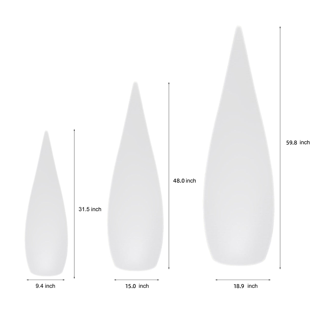 Dimension of modern teardrop outdoor light showcased in clean white background.