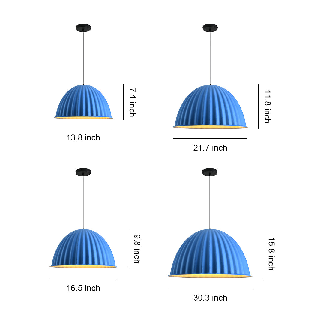 Dimensional comparison chart of the blue color variant of the gray pendant light series, showing four sizes ranging from 13.8 inch to 30.3 inch width.