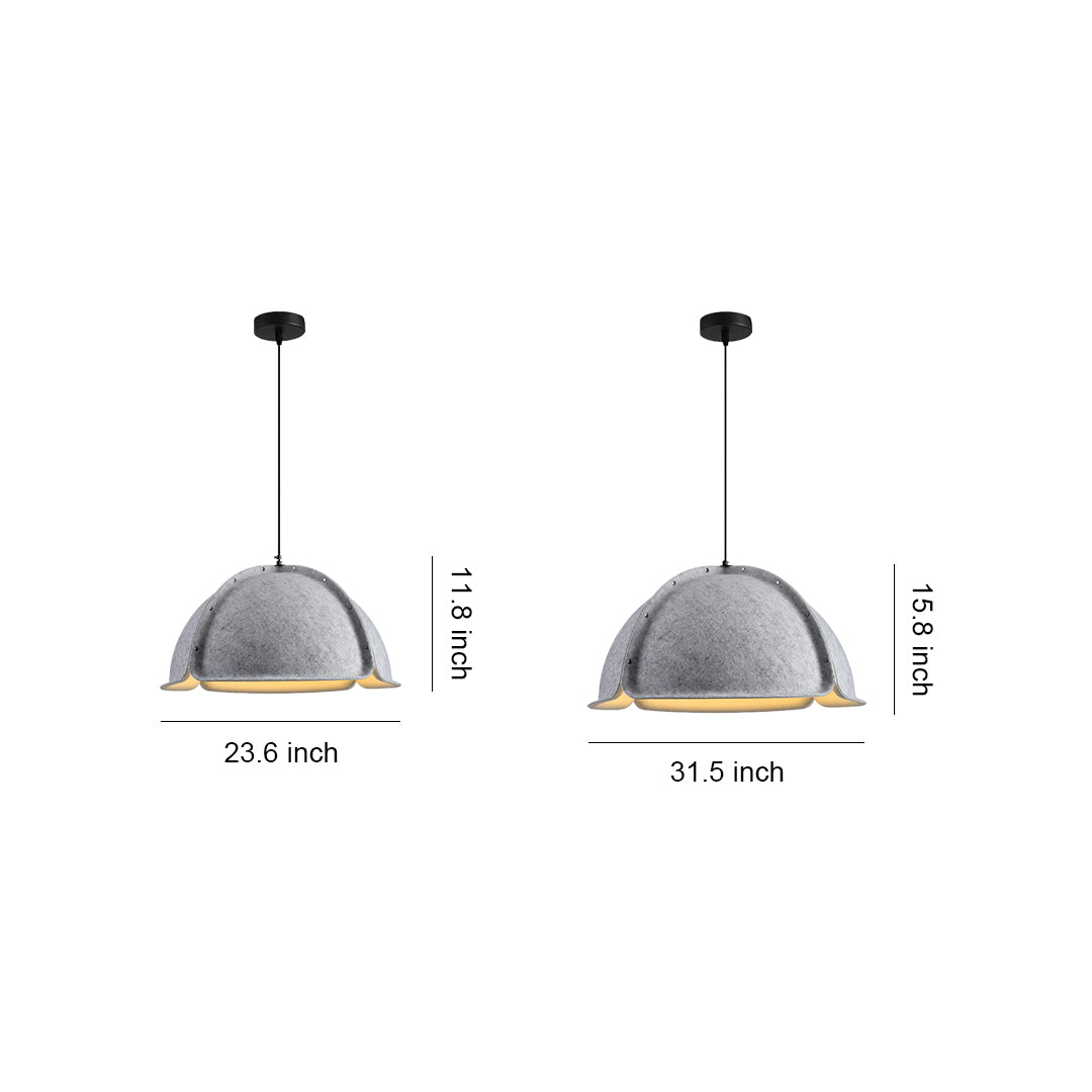 Dimensional comparison of the red and gray colored pendant light models, showing two size options (20.6 inch and 9.5 inch width).