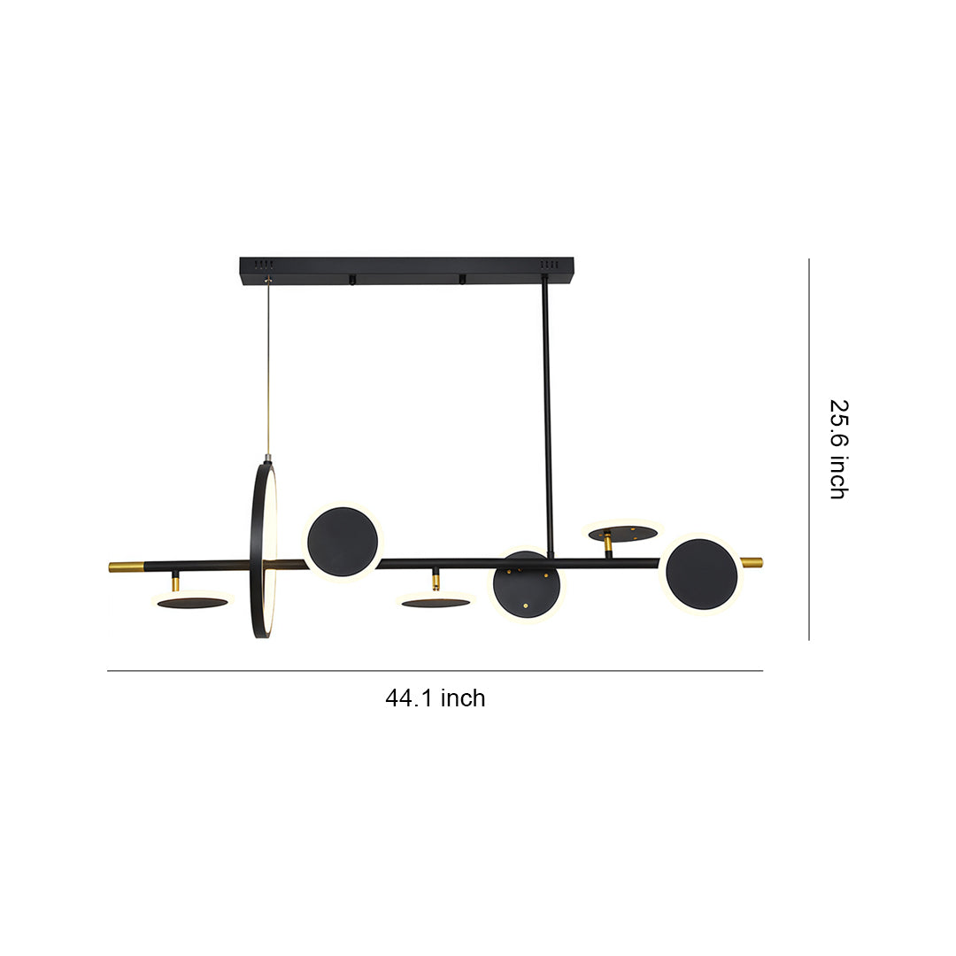 Dimensional diagram of the 6 light chandelier, showing the 44.1-inch width and 25.6-inch height for planning.