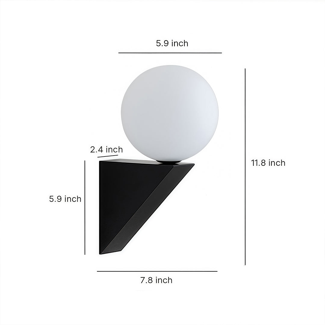 Dimensional diagram for the black triangular globe wall light, detailing the 7.9-inch width and 11.9-inch height.