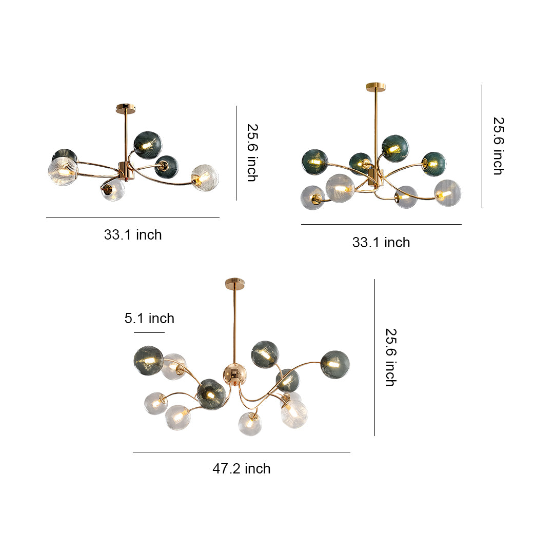 Dimensional diagram for the clear glass flush mount ceiling light, illustrating various sizes and branch configurations with measurements.