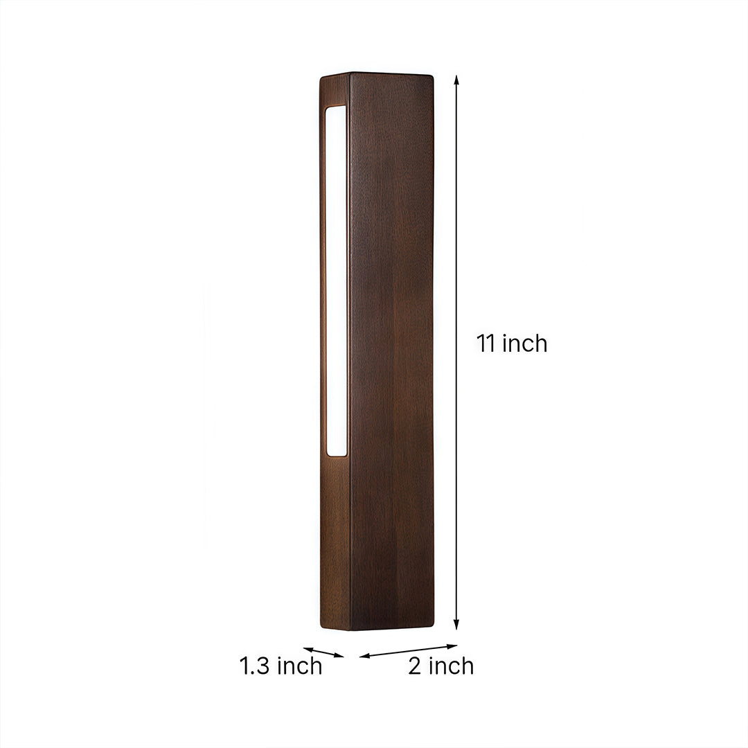 Dimensional diagram of the dark wood Japanese wall light, showing the height (11 inch) and depth (2 inch) measurements.