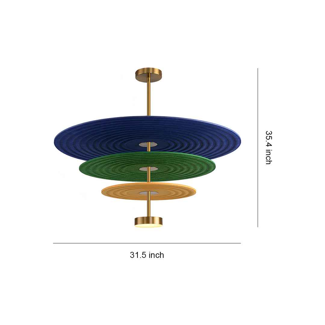 Dimensional diagram of the felt 3 tier chandelier, showing the overall width of 31.5 inches for product specifications.
