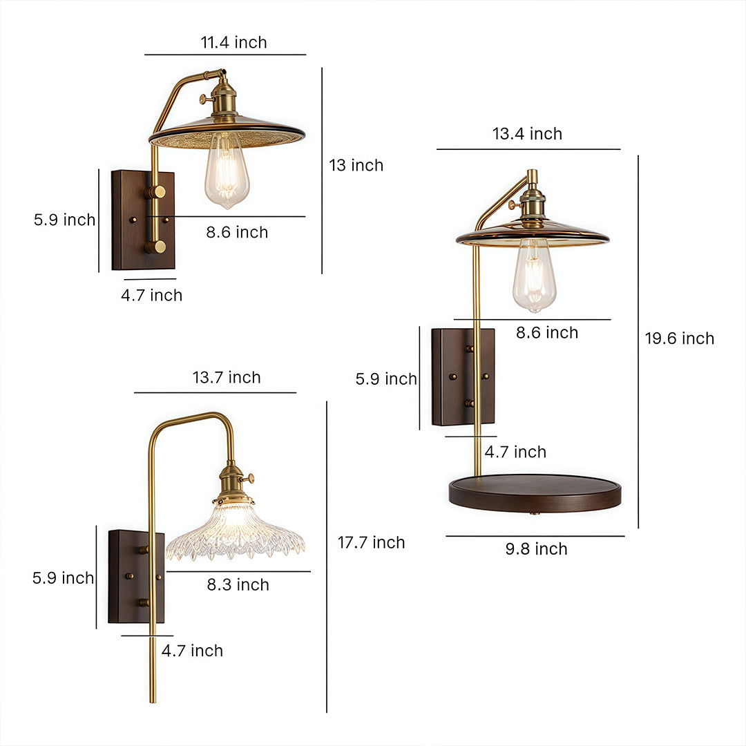 Dimensional diagram of four variations of the glass wall lights, detailing measurements for both shelf and non-shelf models.