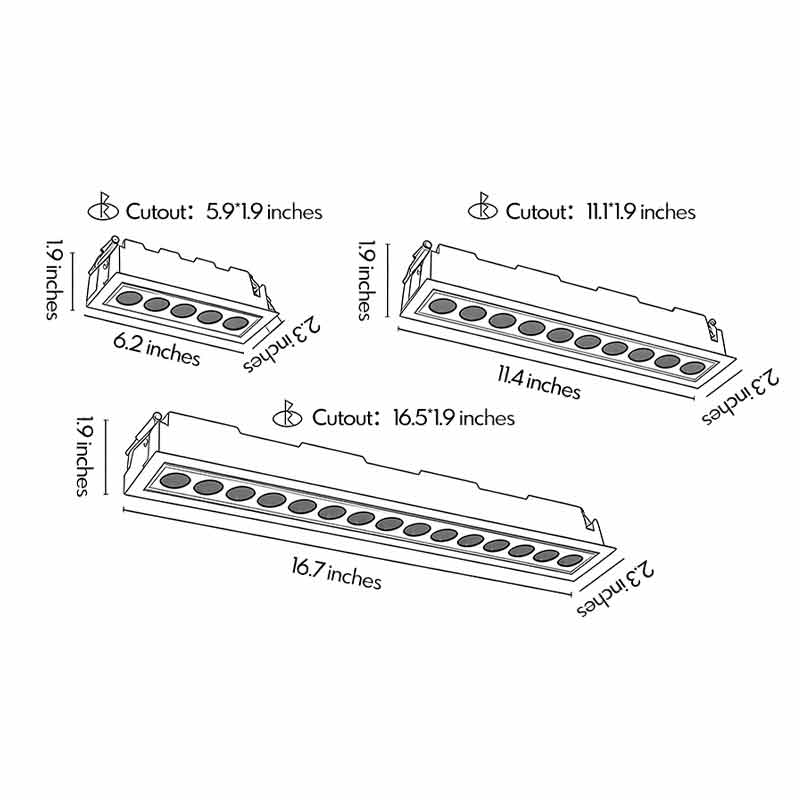 Dimensional diagram of rectangular led ceiling recessed spotlight with measurements for installation.