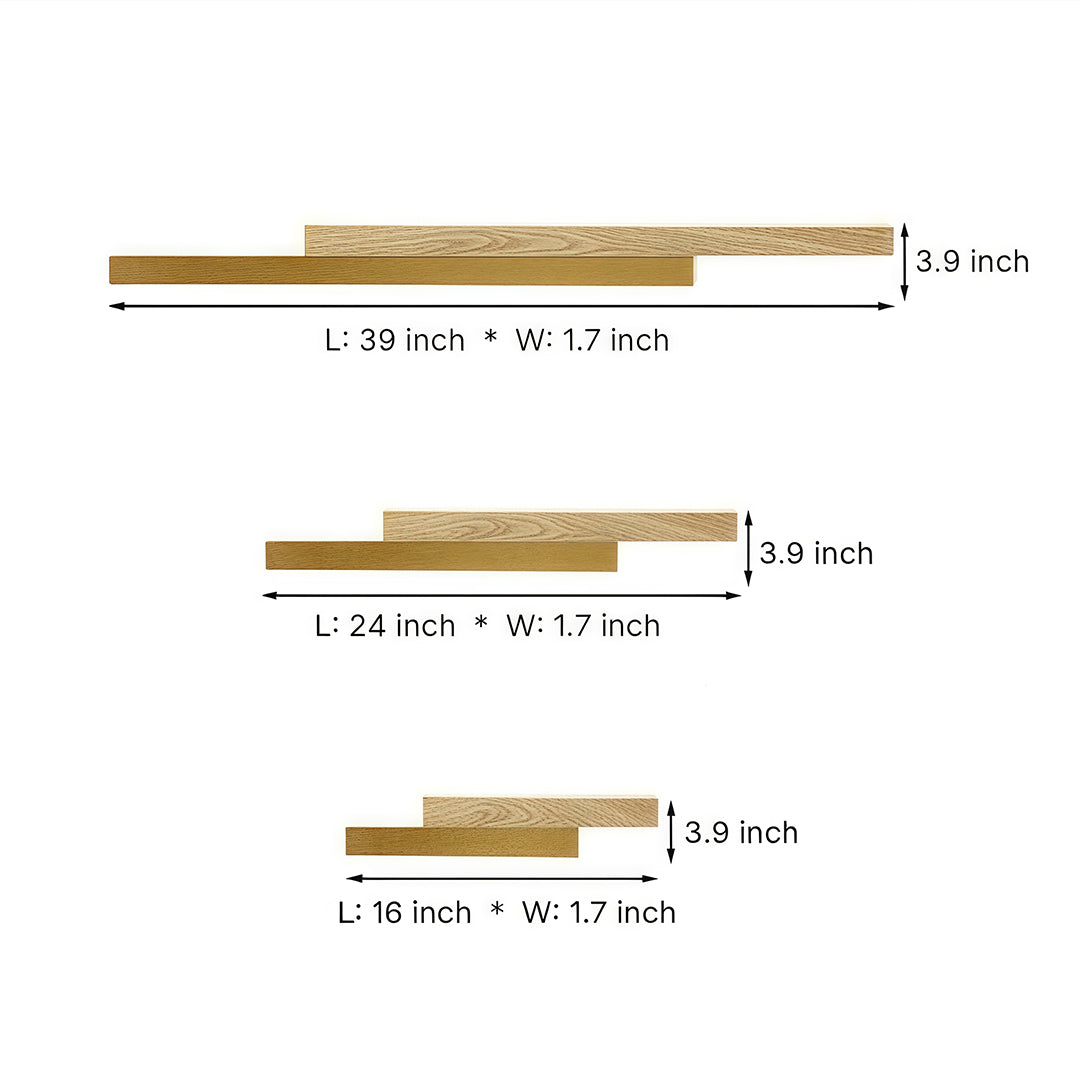 Dimensional diagram of the wooden and gold linear led wall light, showing available lengths of 39 inch, 24 inch, and 16 inch.