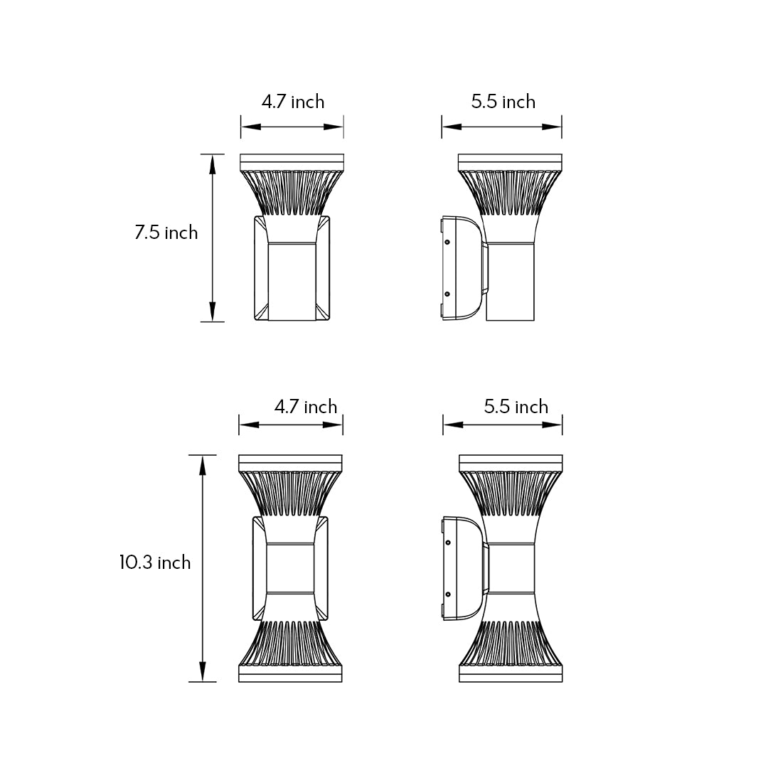 Dimensional drawing showing height and width specifications for two distinct styles of Outdoor Wall Lighting Fixtures units.