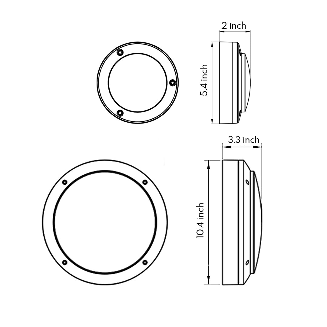 Technical dimensional drawing illustrating the size and profile of the surface-mounted round outdoor wall lights options.