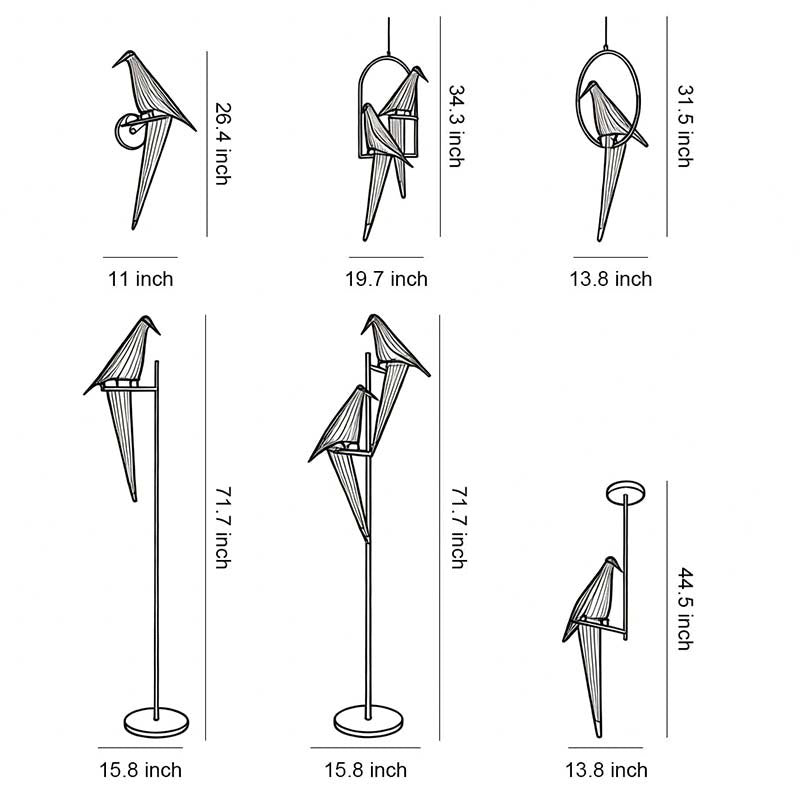 Dimensional drawings for six different specifications of the Bird Wall Light.