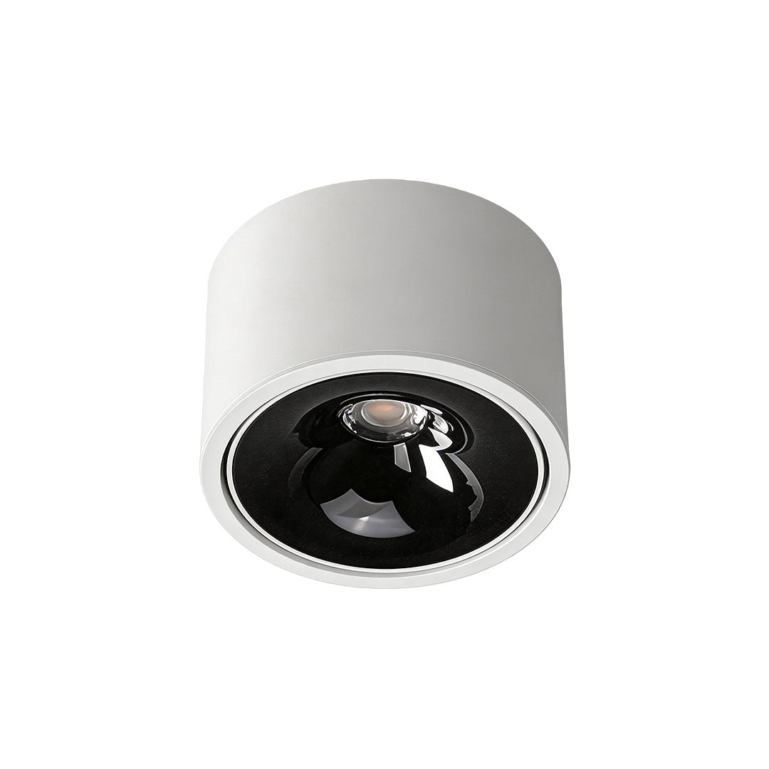 Dimensional sketch of black ceiling spotlight with installation measurements.