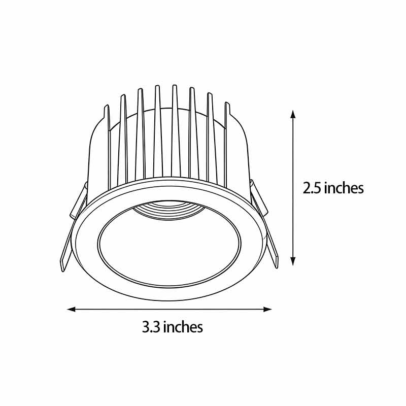 Dimensional sketch of inset ceiling spotlight with detailed measurements for installation.