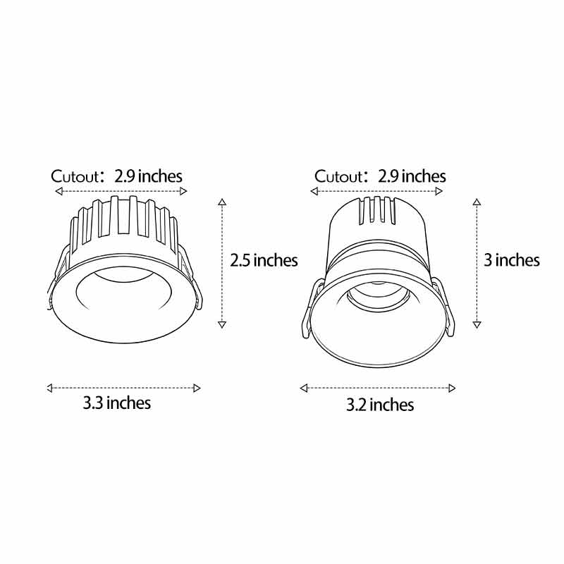 Dimensional sketch showing measurements and installation guide for recessed ceiling spotlight.