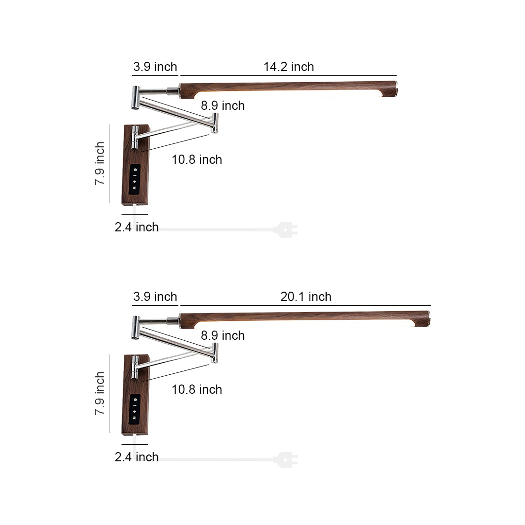 Dimensional specification chart for the swing wall light including 14.2 inch and 20.1 inch arm length options.