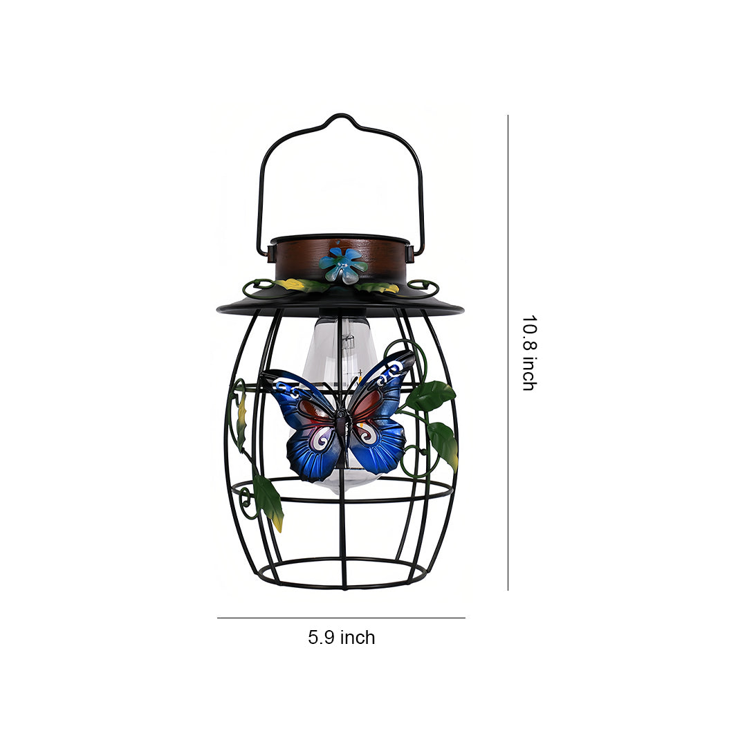 Dimensional view of the iron outdoor lanterns showing 5.8 inch width and 10.3 inch height with carrying handle.