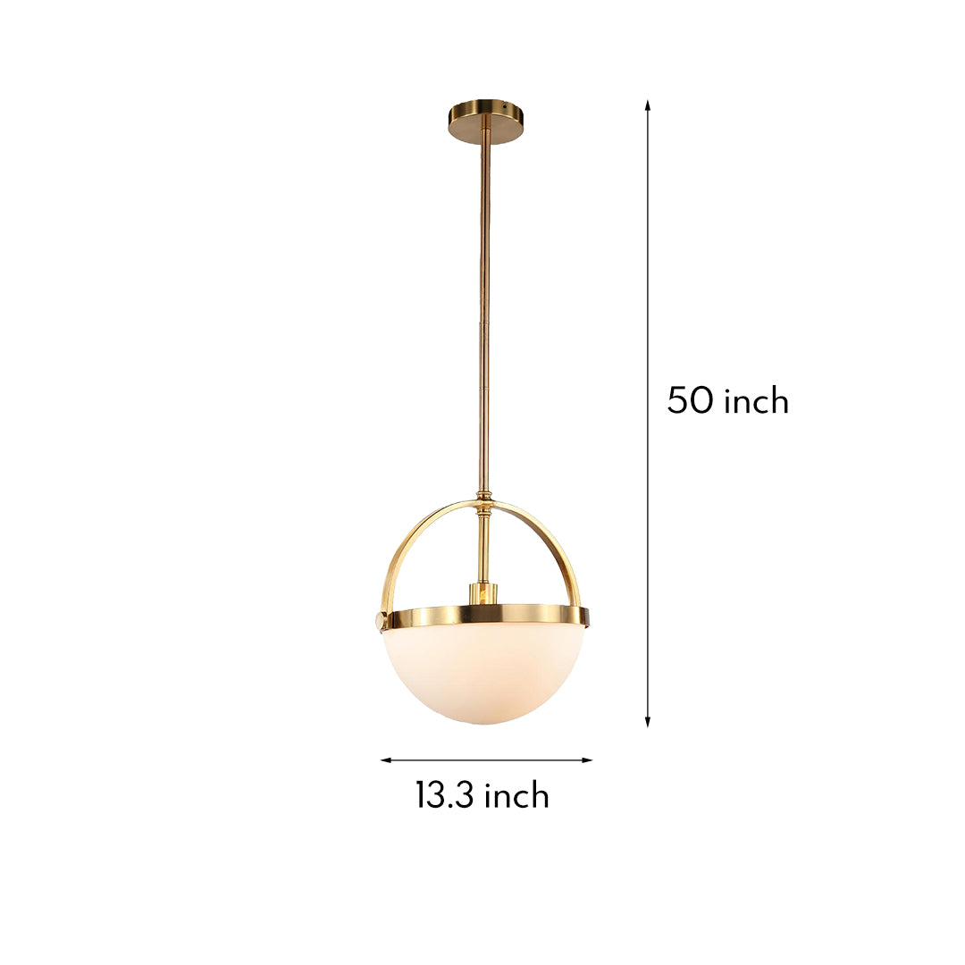 Dimensions graphic for the gold and white pendant light, detailing its 13.3-inch width and long 50-inch overall height, suitable for high ceilings.