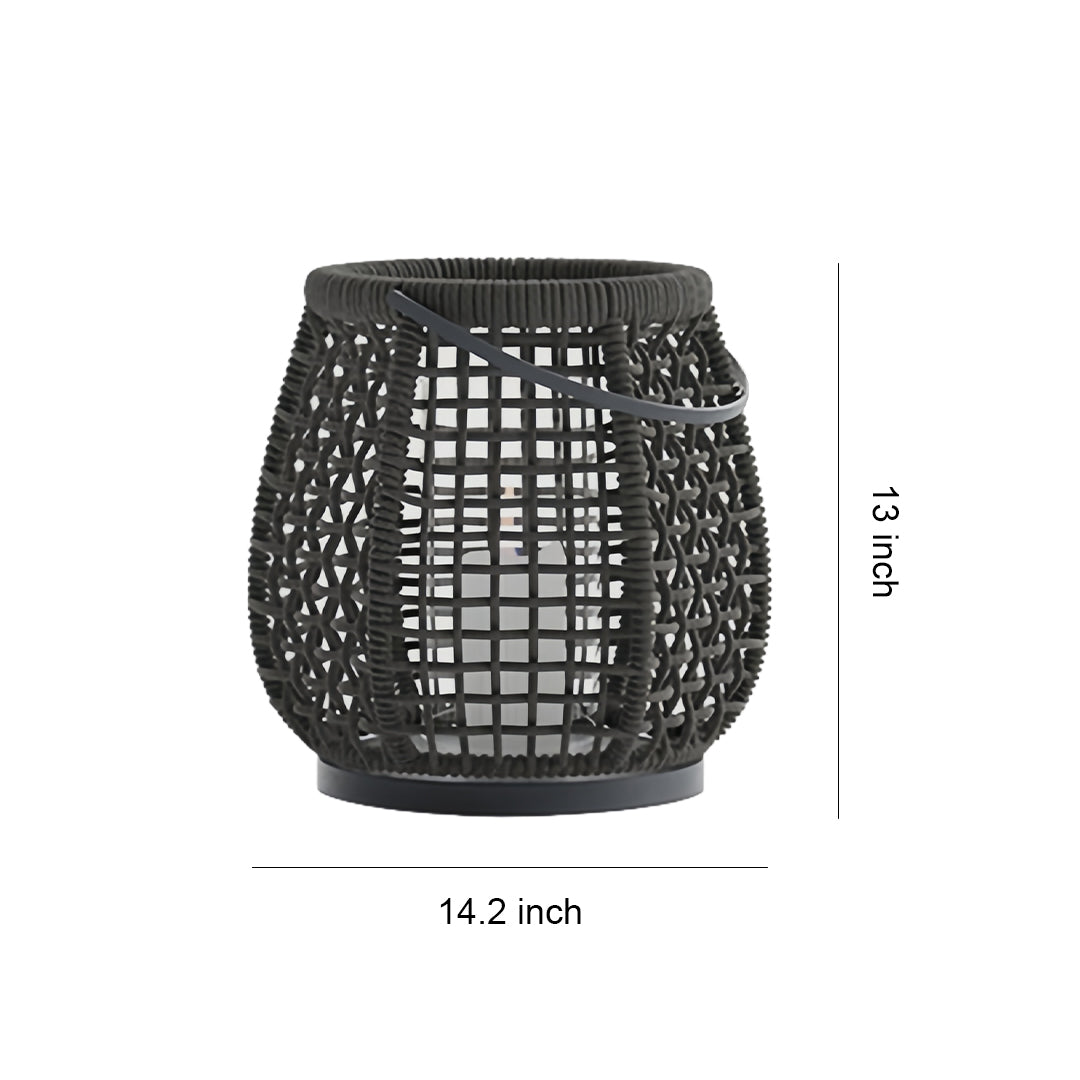 Dimensions graphic for the woven outdoor lanterns, detailing its 14.2-inch diameter and 15-inch height for a versatile outdoor table or floor accent.