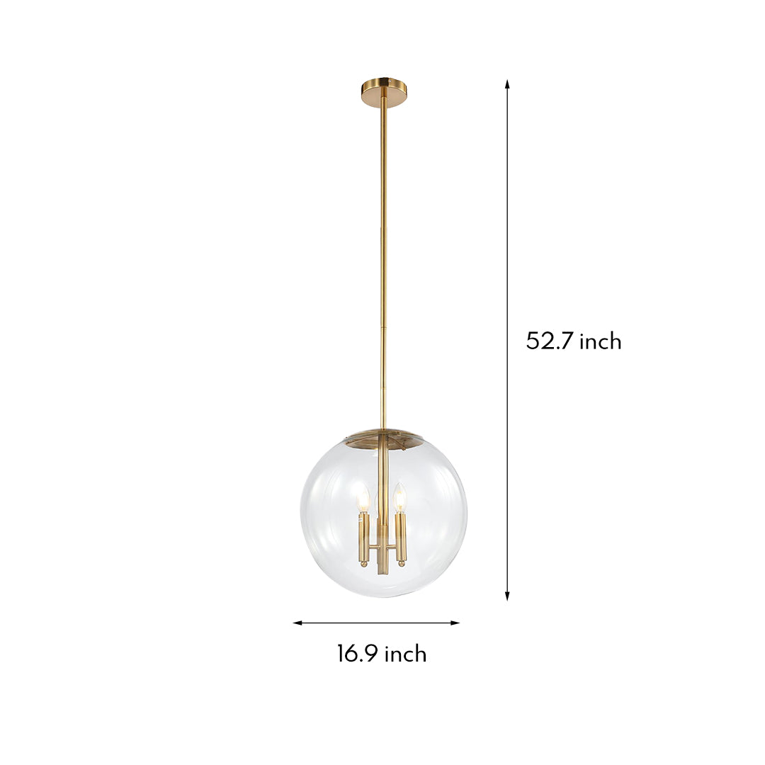 Dimensions graphic for the large clear globe pendant light, detailing its 16.9-inch diameter and 52.7-inch maximum drop.
