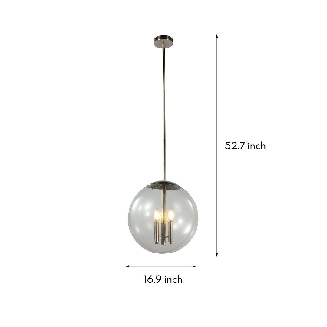 Dimensions graphic for the elegant glass orb pendant light, detailing its 16.9-inch diameter and 52.7-inch overall drop height.