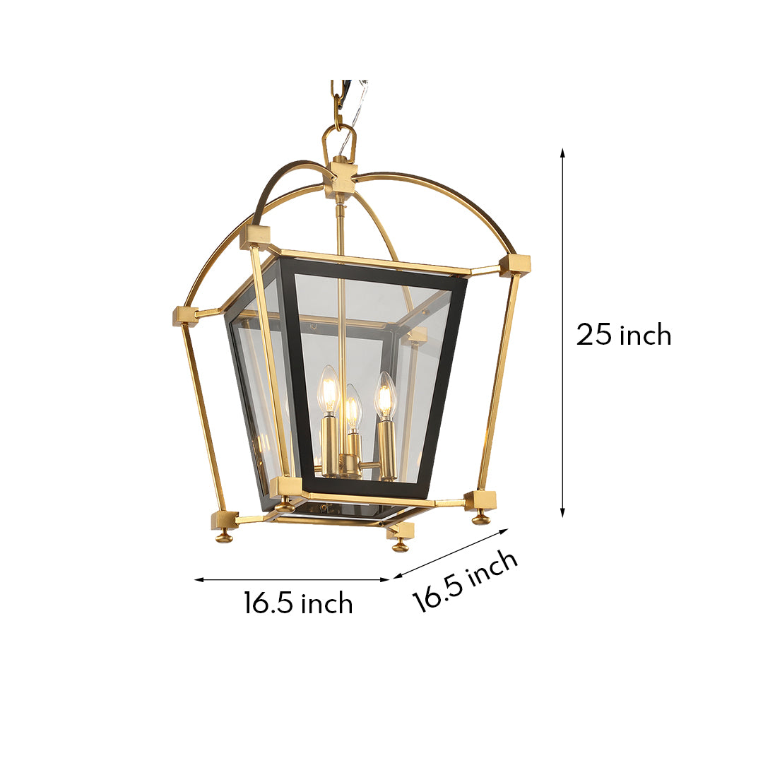 Dimensions graphic for the gold lantern pendant light, detailing its 16.5-inch width and 25-inch height, ideal for a foyer or kitchen island.
