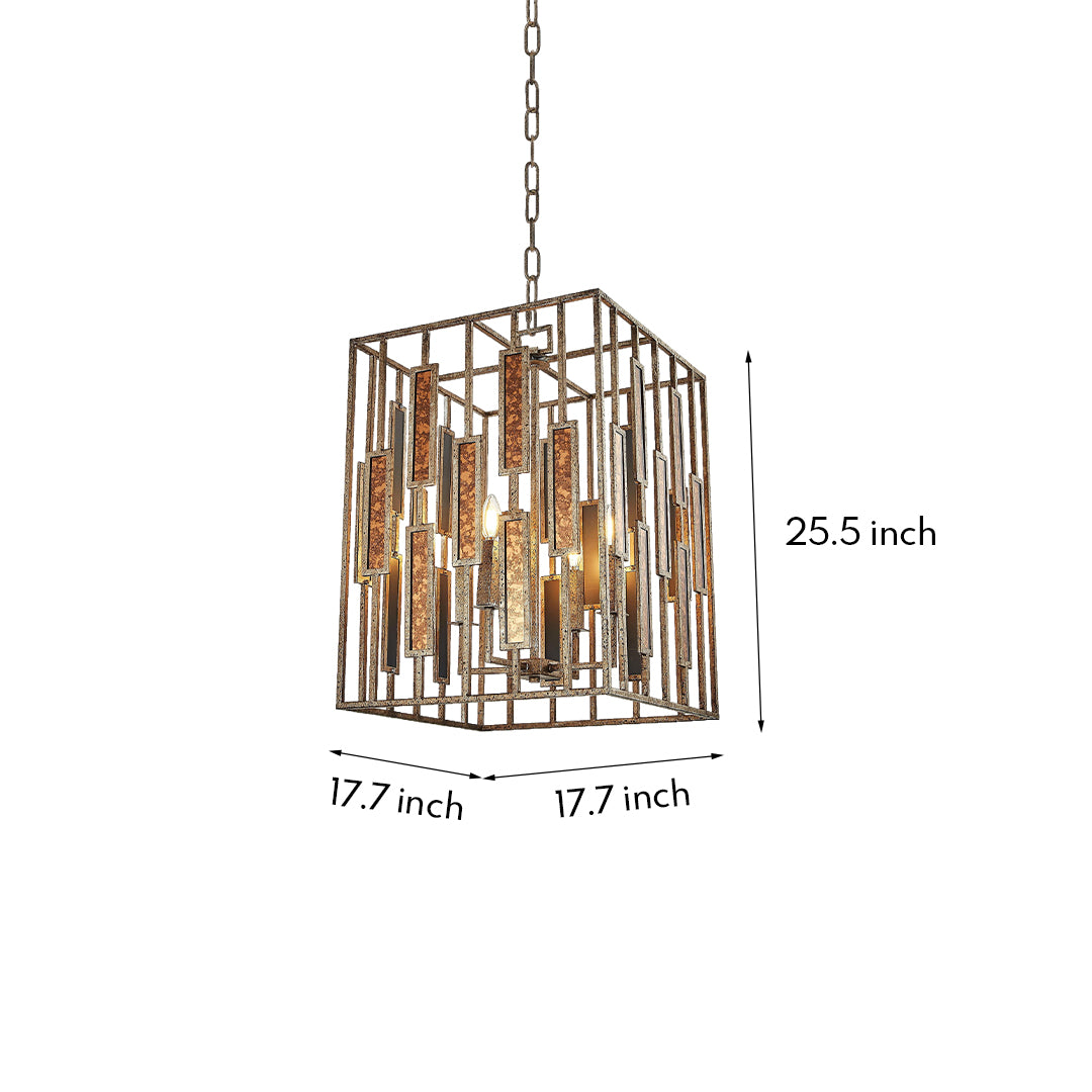 Dimensions graphic for the vintage copper pendant light, detailing its 17.7-inch width and 25.5-inch chain-suspended height.
