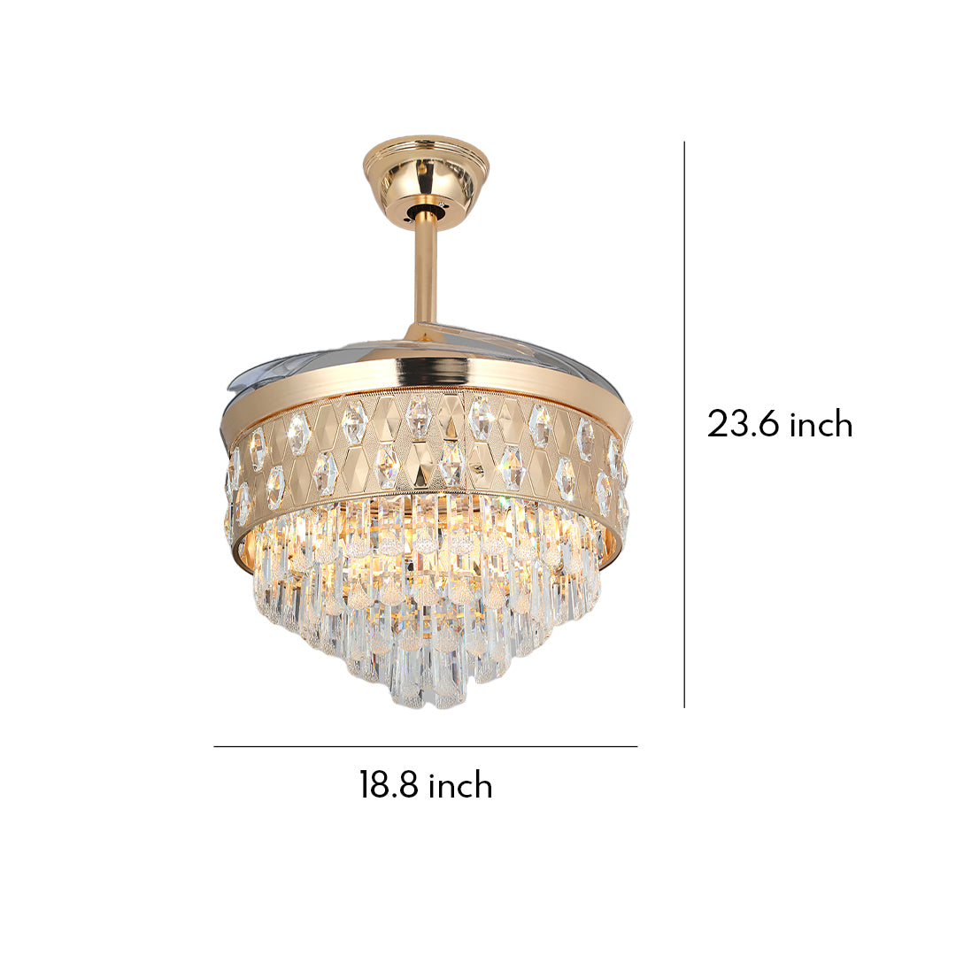 Dimensions of 18.8 inch width and 23.6 inch height for hanging ceiling fans with crystal lights 