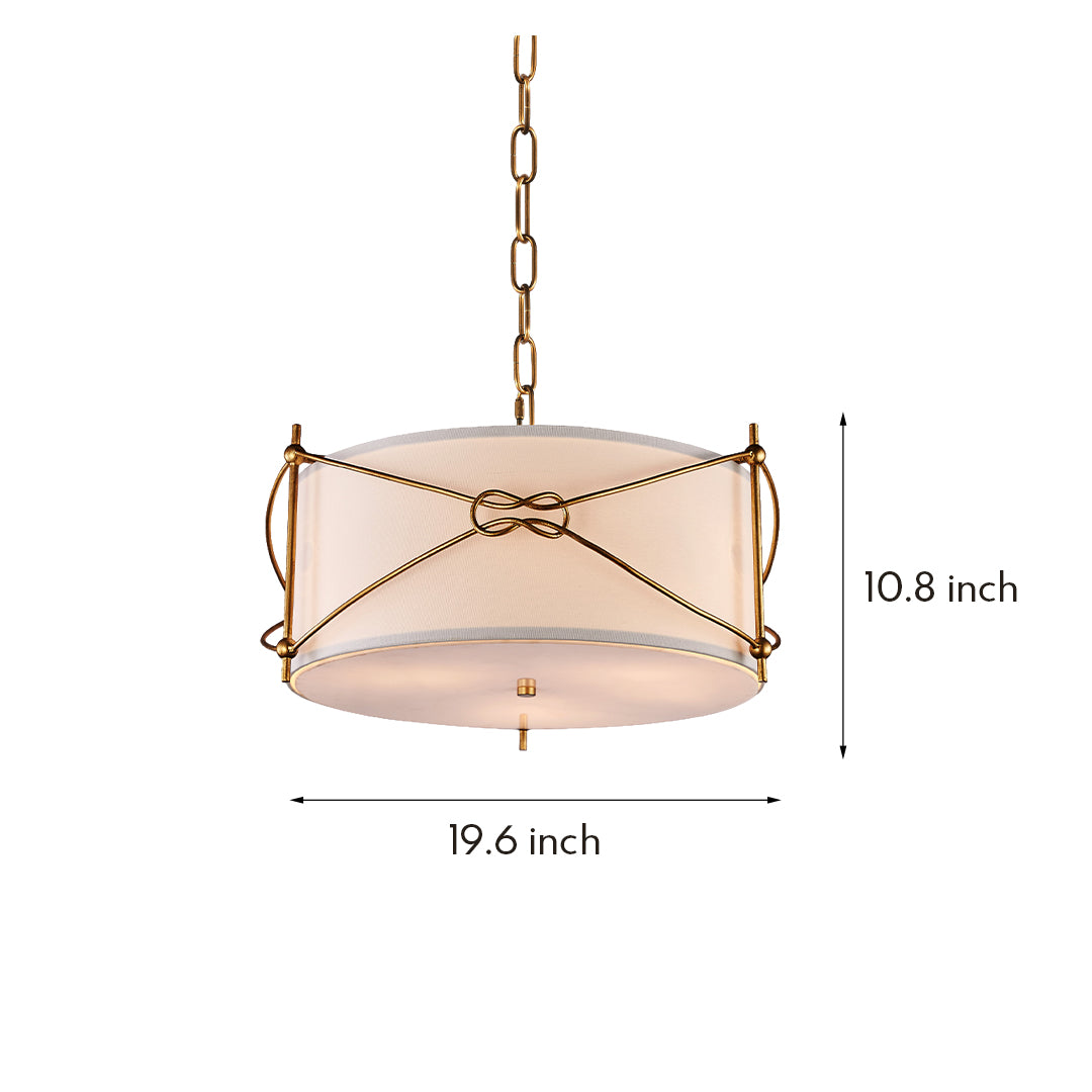 Dimensions graphic for the white drum pendant light, detailing its 19.6-inch width and 10.8-inch short drop.